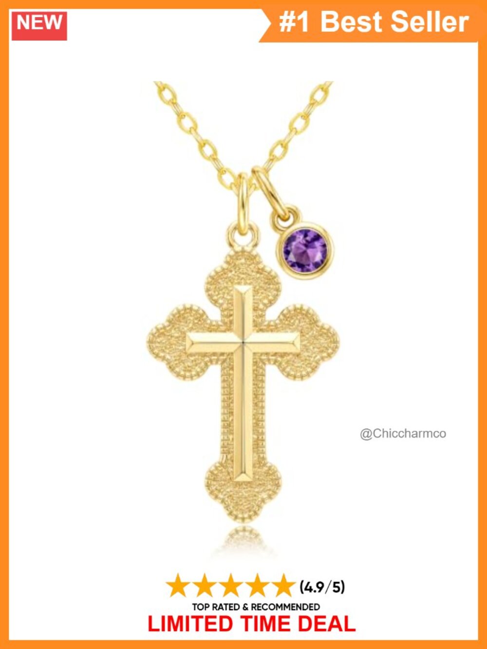 14K Gold Plated Cross Birthstone Necklace Amethyst Pendant 20 Inch
